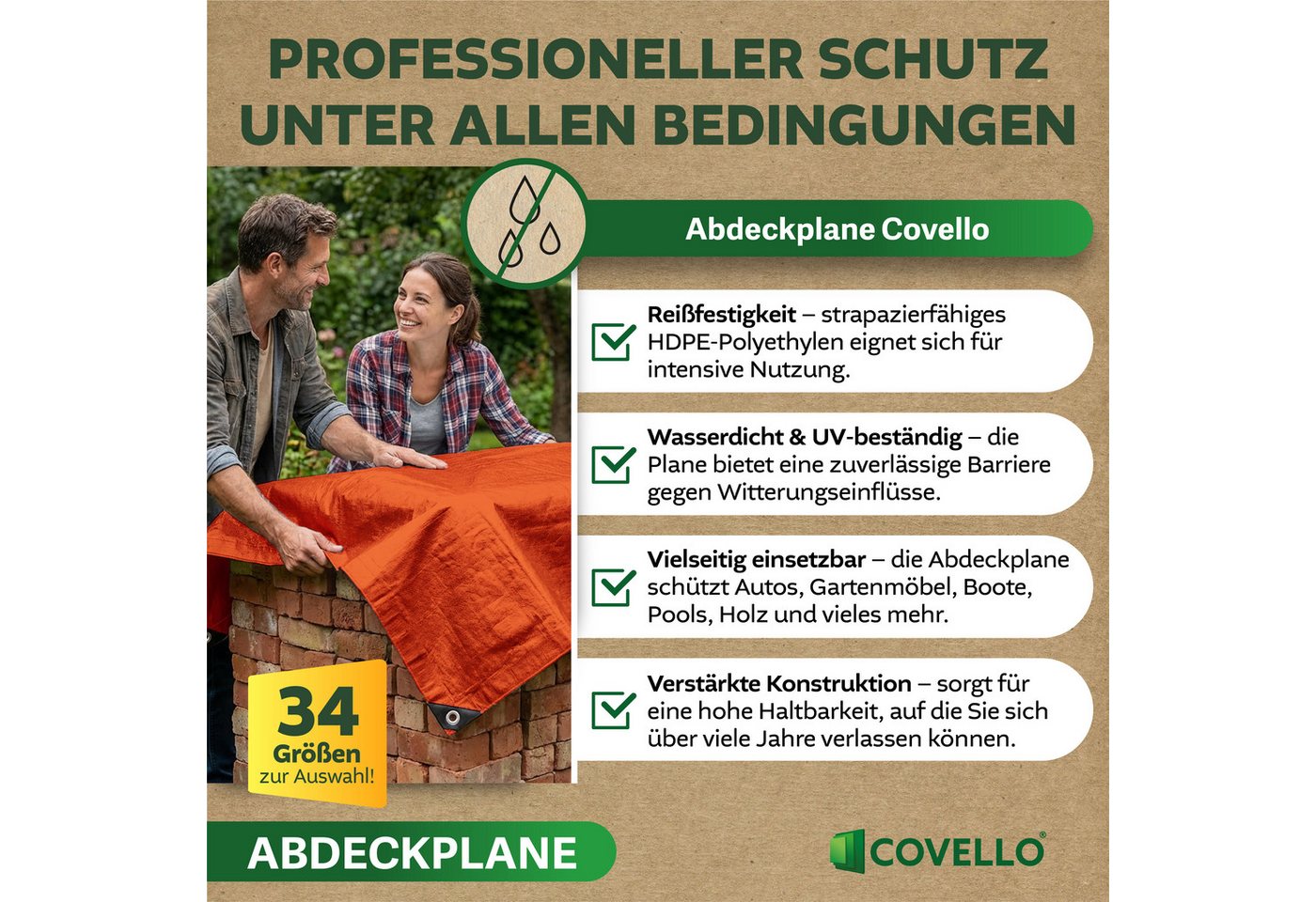 Covello Schutzplane 90g/m² orange, Abdeckplane mit Ösen wasserdicht, Plane UV-stabilisiert in vielen verschiedenen Farben & Größen Bild 5