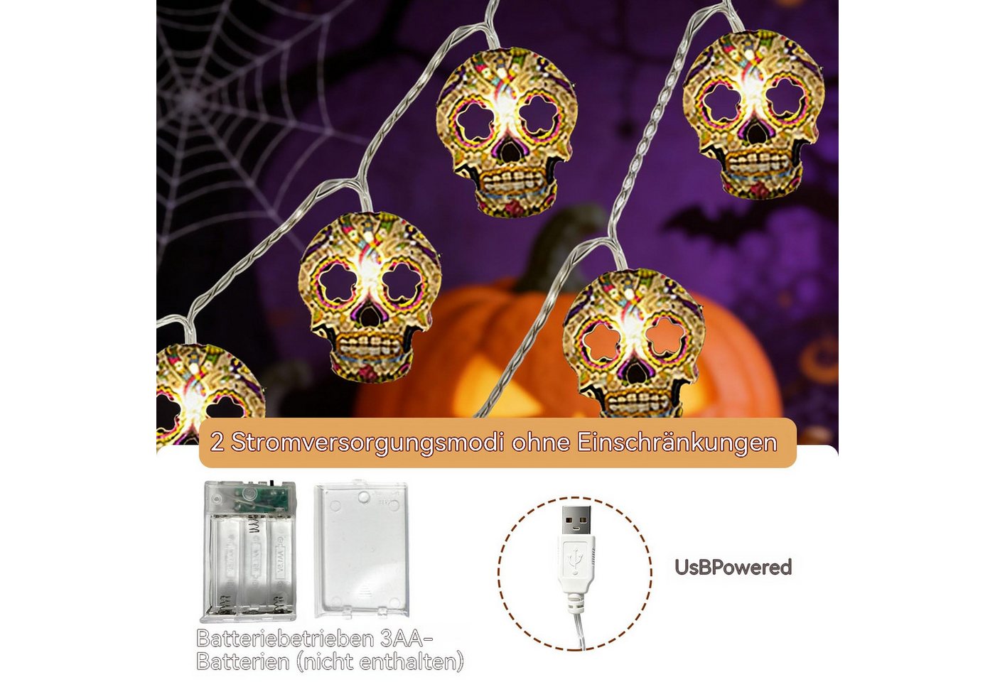 nsihing LED-Lichterkette Halloween Totenkopf-Lichterkette,Geister-Halloween-Dekoration, Hängende Lichterkette, für Innen- und Außenbereich, Zuhause, Garten Bild 2