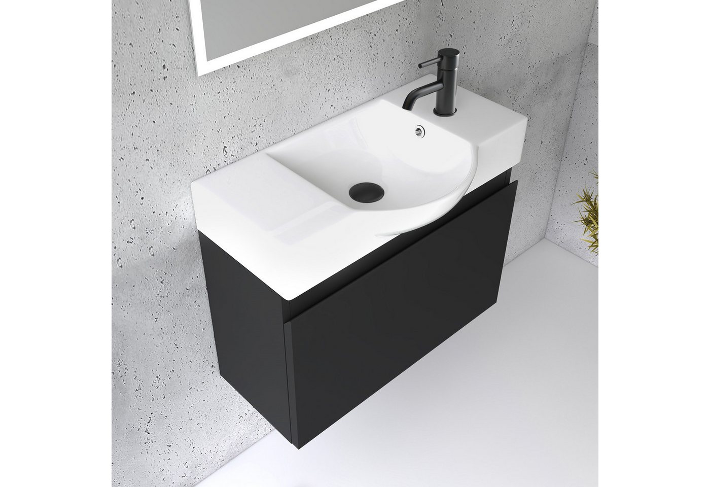 Alpenberger Waschtisch Gäste WC Waschbecken mit Unterschrank Klein, Waschplatz 55 cm hängend (Gäste WC Möbel Vormontiert, Waschtisch mit Unterschrank mit Softclose), Waschbeckenunterschrank Schwarz Matt