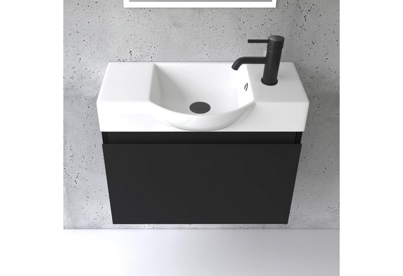 Alpenberger Waschtisch Gäste WC Waschbecken mit Unterschrank Klein, Waschplatz 55 cm hängend (Gäste WC Möbel Vormontiert, Waschtisch mit Unterschrank mit Softclose), Waschbeckenunterschrank Schwarz Matt Bild 2