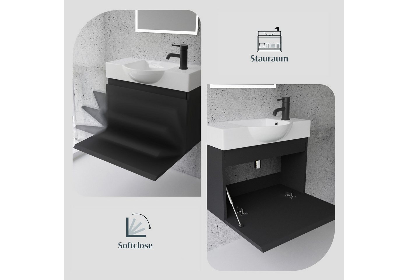 Alpenberger Waschtisch Gäste WC Waschbecken mit Unterschrank Klein, Waschplatz 55 cm hängend (Gäste WC Möbel Vormontiert, Waschtisch mit Unterschrank mit Softclose), Waschbeckenunterschrank Schwarz Matt Bild 3