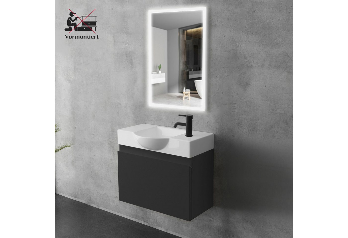 Alpenberger Waschtisch Gäste WC Waschbecken mit Unterschrank Klein, Waschplatz 55 cm hängend (Gäste WC Möbel Vormontiert, Waschtisch mit Unterschrank mit Softclose), Waschbeckenunterschrank Schwarz Matt Bild 4