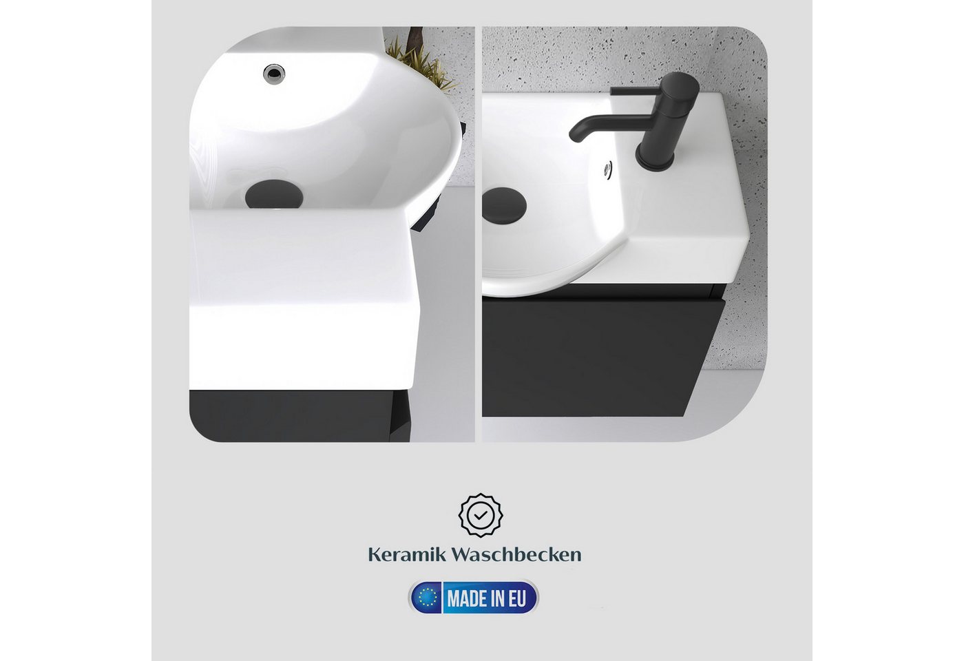 Alpenberger Waschtisch Gäste WC Waschbecken mit Unterschrank Klein, Waschplatz 55 cm hängend (Gäste WC Möbel Vormontiert, Waschtisch mit Unterschrank mit Softclose), Waschbeckenunterschrank Schwarz Matt Bild 5