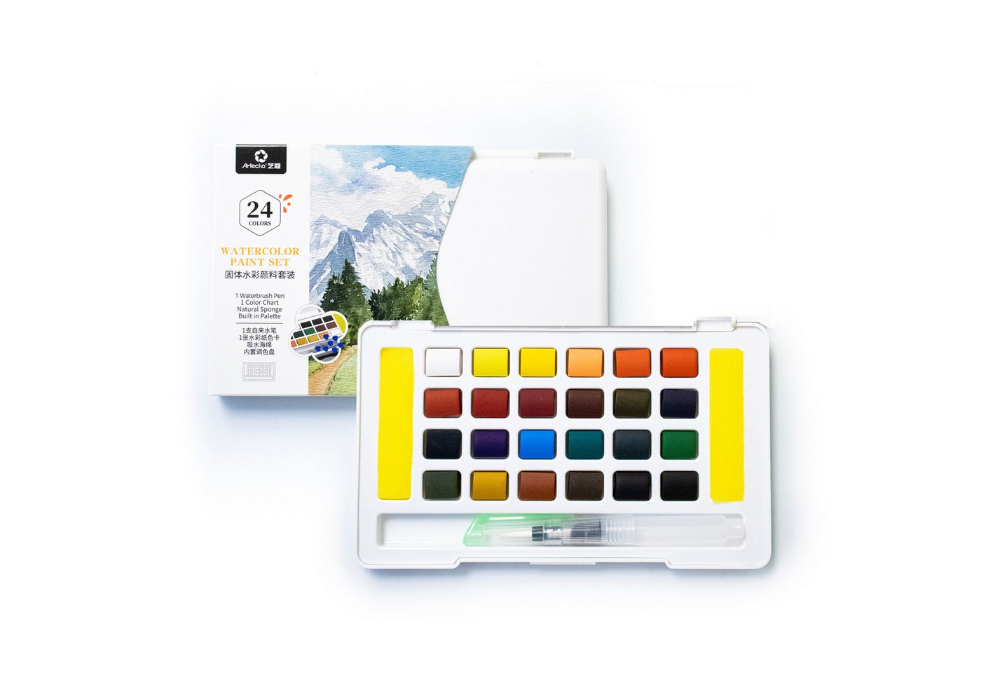 Artecho Aquarellfarbe Set – 24 / 48 / 72 Wasserfarben mit Wassertankpinsel & Schwamm, Für Zuhause oder kreative Reisen geeignet Bild 5