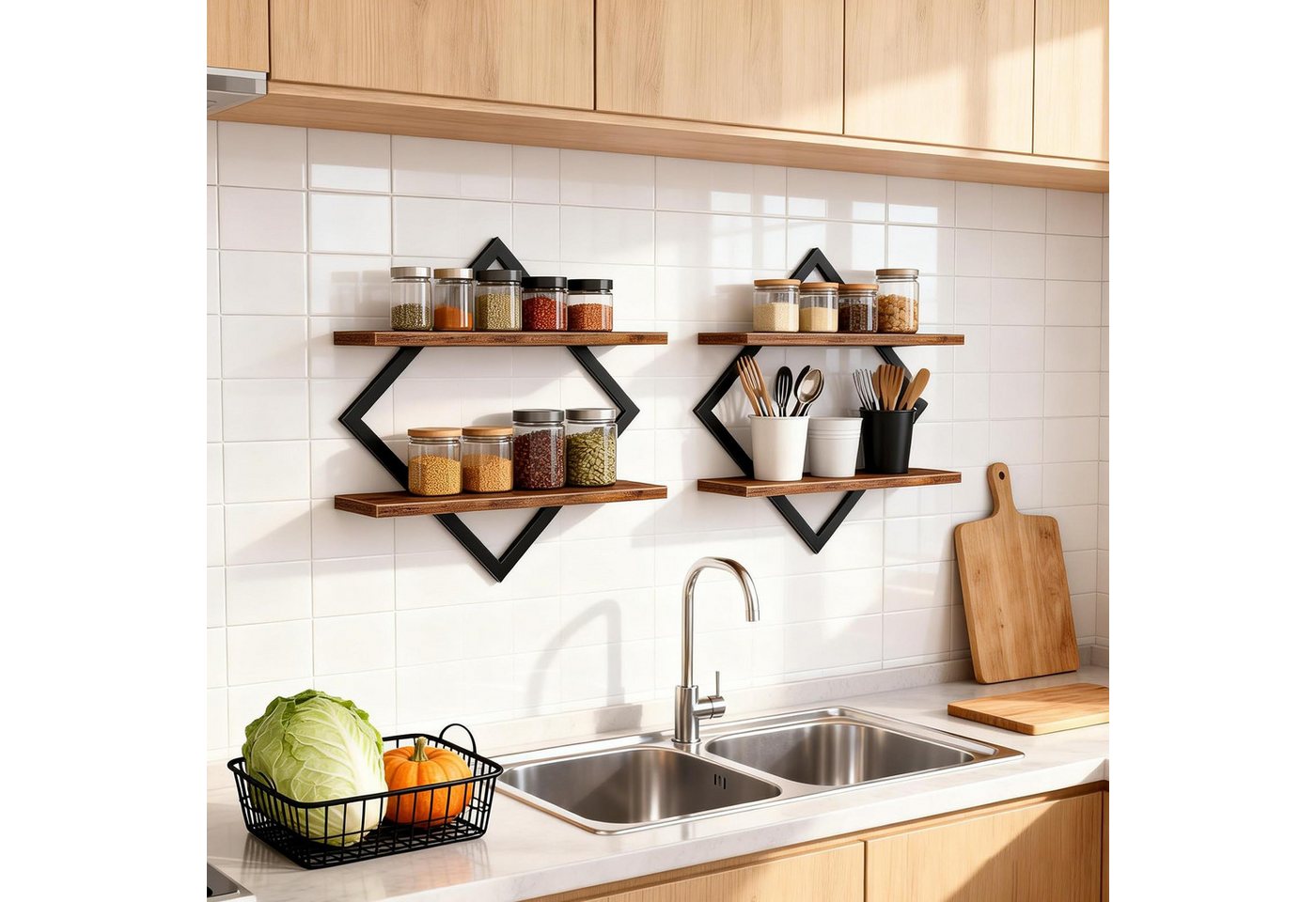BlingBin Wandregal 2er-Set, Schweberegal, 2-stöckige Hängeregale, Wandboard, Regal 2-tlg., für Wohnzimmer, Schlafzimmer, Küche, Büro,Rustikales Braun und Schwarz