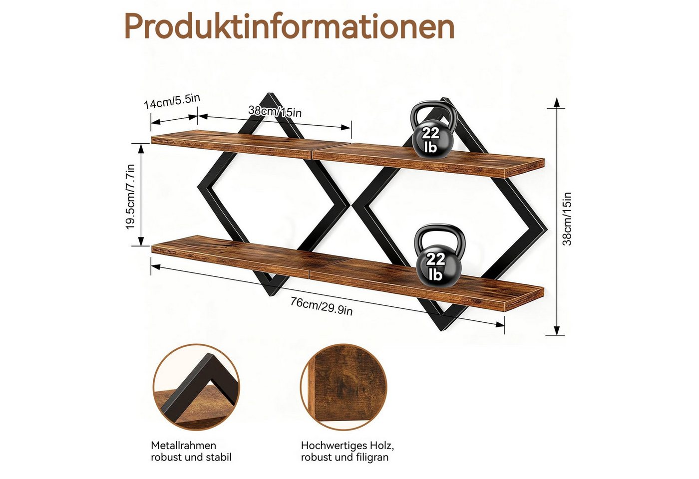 BlingBin Wandregal 2er-Set, Schweberegal, 2-stöckige Hängeregale, Wandboard, Regal 2-tlg., für Wohnzimmer, Schlafzimmer, Küche, Büro,Rustikales Braun und Schwarz Bild 2