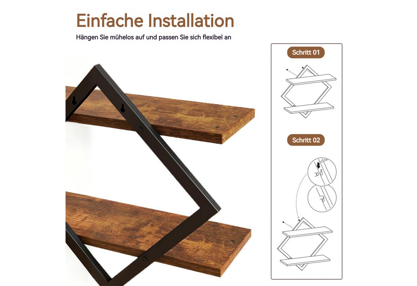 BlingBin Wandregal 2er-Set, Schweberegal, 2-stöckige Hängeregale, Wandboard, Regal 2-tlg., für Wohnzimmer, Schlafzimmer, Küche, Büro,Rustikales Braun und Schwarz Bild 3