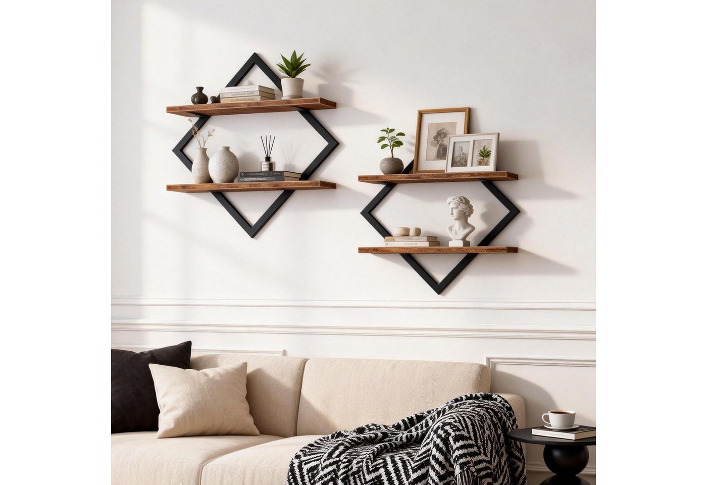 BlingBin Wandregal 2er-Set, Schweberegal, 2-stöckige Hängeregale, Wandboard, Regal 2-tlg., für Wohnzimmer, Schlafzimmer, Küche, Büro,Rustikales Braun und Schwarz Bild 4