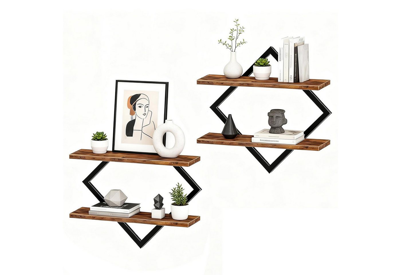 BlingBin Wandregal 2er-Set, Schweberegal, 2-stöckige Hängeregale, Wandboard, Regal 2-tlg., für Wohnzimmer, Schlafzimmer, Küche, Büro,Rustikales Braun und Schwarz Bild 5