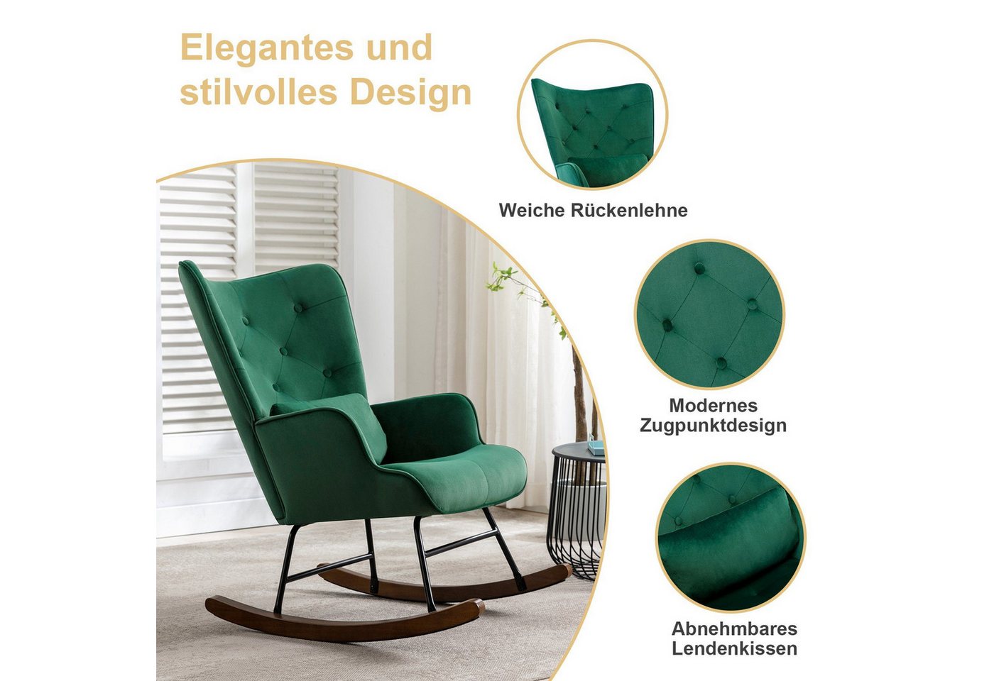 HomeMiYN Schaukelstuhl Ohrensessel mit Flügel, Relaxsessel mit Armlehnen, gepolstert, bis 120 kg Bild 4