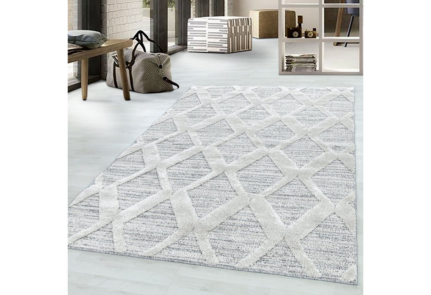 Stilvoll Günstig Hochflor-Teppich in Grau mit Boho-Design für Wohnzimmer, Läufer, Höhe: 20 mm Bild 2