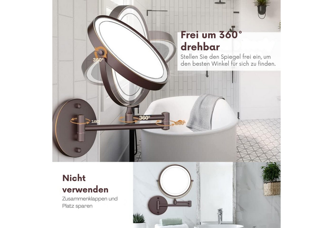 Vivitar Kosmetikspiegel Wiederaufladbarer beleuchteter Badezimmerspiegel, 1X/10X Vergrößerung (360° flexibler, schwenkbarer Verlängerungsarm, einstellbare Helligkeit, Rasierspiegel für das Badezimmer), Doppelseitig beleuchteter Kosmetikspiegel, Touch-Switch-Steuerung