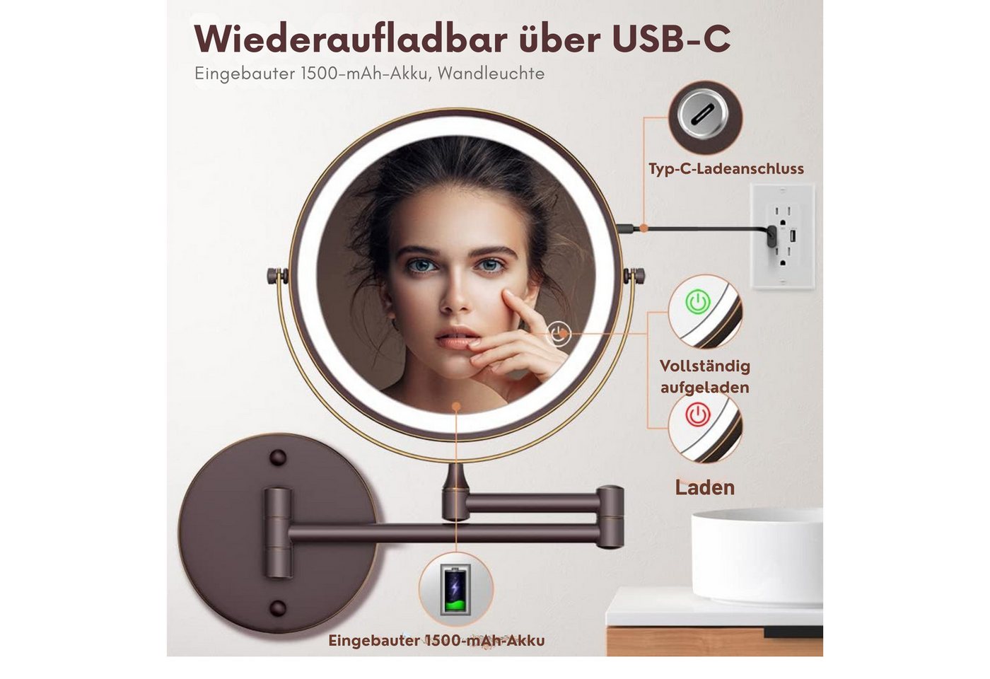 Vivitar Kosmetikspiegel Wiederaufladbarer beleuchteter Badezimmerspiegel, 1X/10X Vergrößerung (360° flexibler, schwenkbarer Verlängerungsarm, einstellbare Helligkeit, Rasierspiegel für das Badezimmer), Doppelseitig beleuchteter Kosmetikspiegel, Touch-Switch-Steuerung Bild 2