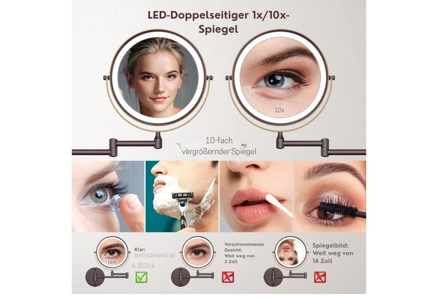 Vivitar Kosmetikspiegel Wiederaufladbarer beleuchteter Badezimmerspiegel, 1X/10X Vergrößerung (360° flexibler, schwenkbarer Verlängerungsarm, einstellbare Helligkeit, Rasierspiegel für das Badezimmer), Doppelseitig beleuchteter Kosmetikspiegel, Touch-Switch-Steuerung Bild 3