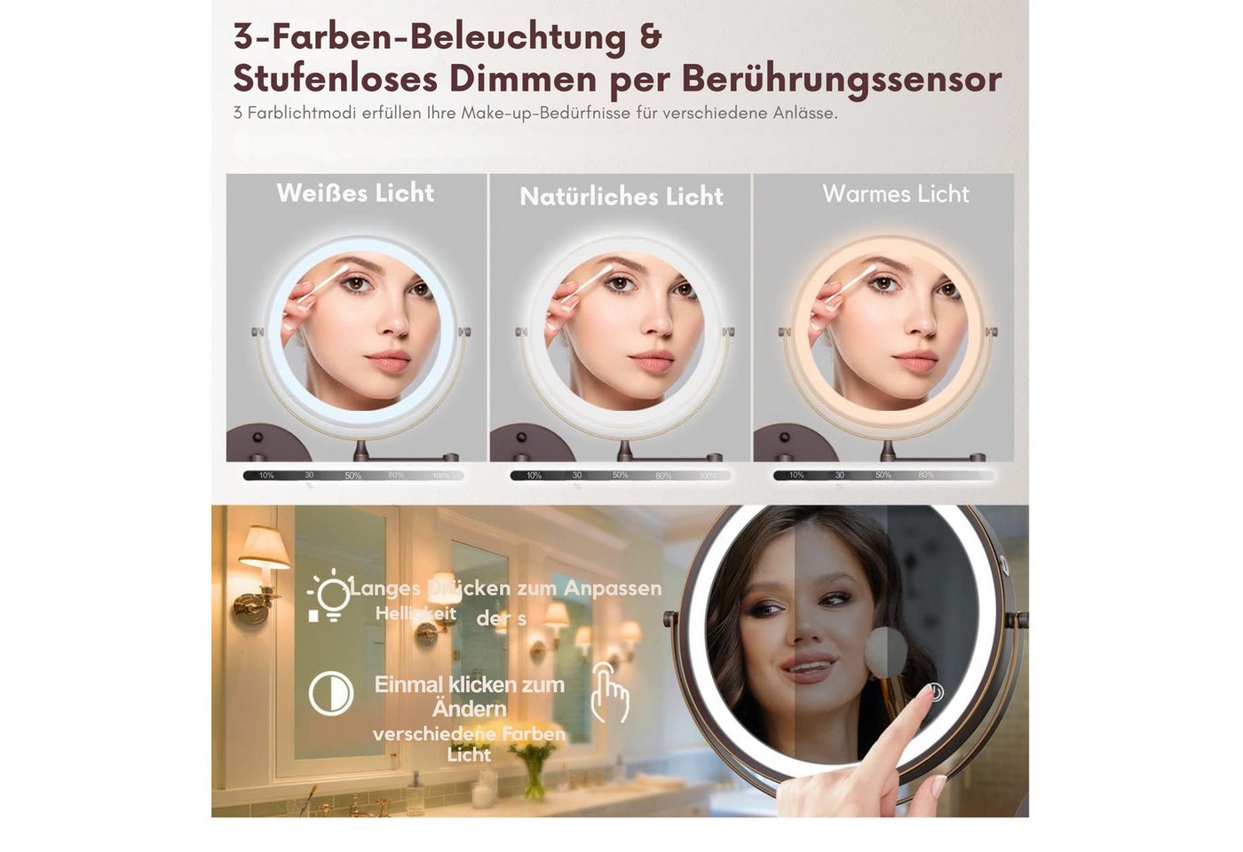 Vivitar Kosmetikspiegel Wiederaufladbarer beleuchteter Badezimmerspiegel, 1X/10X Vergrößerung (360° flexibler, schwenkbarer Verlängerungsarm, einstellbare Helligkeit, Rasierspiegel für das Badezimmer), Doppelseitig beleuchteter Kosmetikspiegel, Touch-Switch-Steuerung Bild 5
