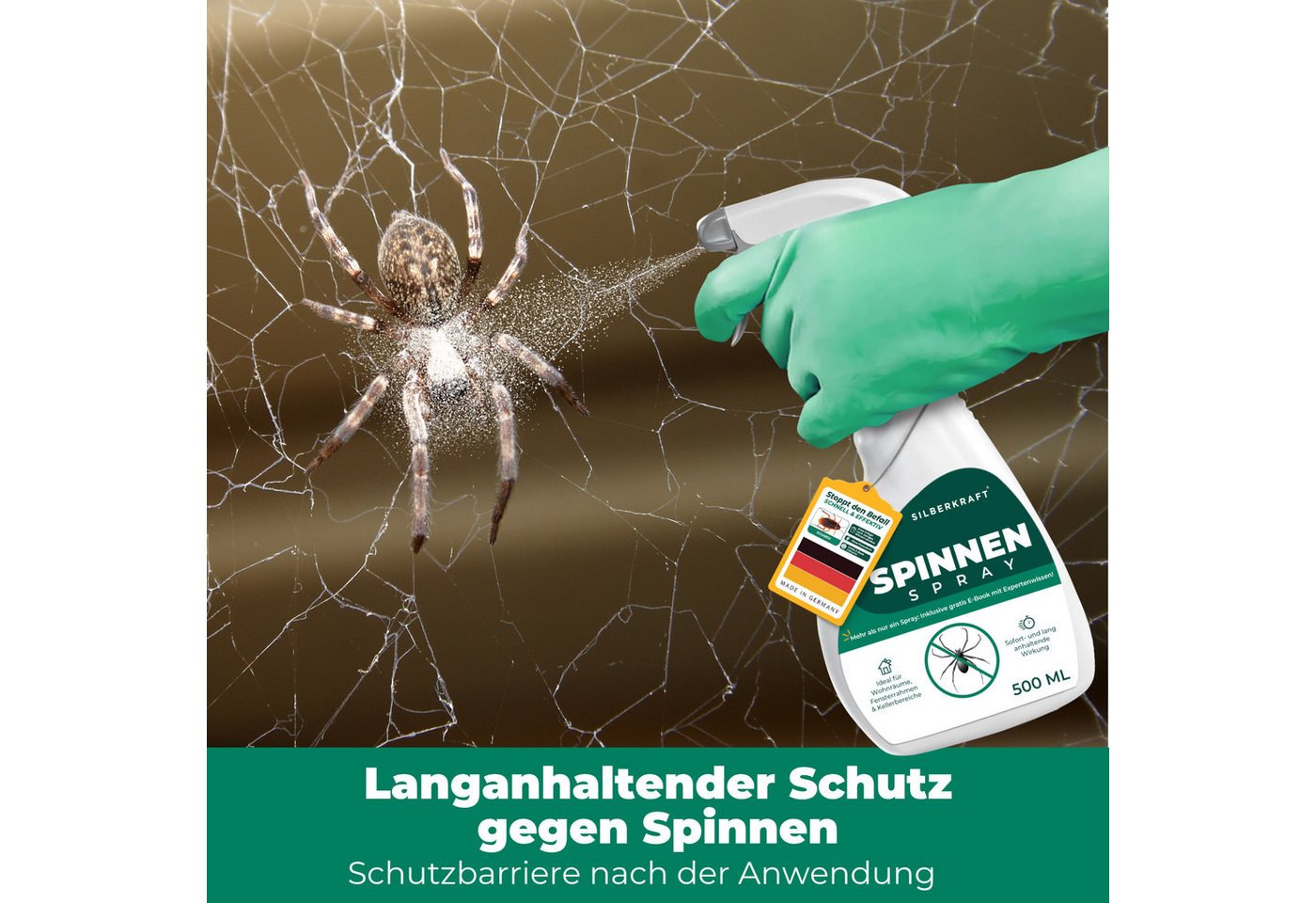 Silberkraft Insektenspray Spinnenspray 500 ml inkl. Gratis E-Book Gebrauchsfertiges Spray, Gezielt auf Ecken, Ritzen, Spalten oder hinter Möbeln sprühen, 1-St., Pumpspray: für sofortige & präzise Handhabung, Abwehr von Spinnen in Wohnräumen, Kellern & an Fensterrahmen Bild 2