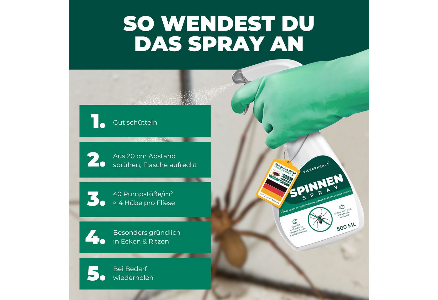 Silberkraft Insektenspray Spinnenspray 500 ml inkl. Gratis E-Book Gebrauchsfertiges Spray, Gezielt auf Ecken, Ritzen, Spalten oder hinter Möbeln sprühen, 1-St., Pumpspray: für sofortige & präzise Handhabung, Abwehr von Spinnen in Wohnräumen, Kellern & an Fensterrahmen Bild 4