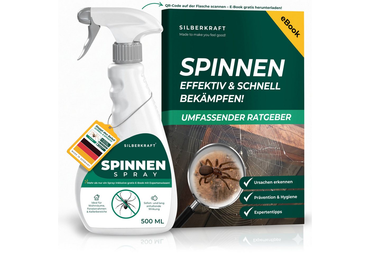 Silberkraft Insektenspray Spinnenspray 500 ml inkl. Gratis E-Book Gebrauchsfertiges Spray, Gezielt auf Ecken, Ritzen, Spalten oder hinter Möbeln sprühen, 1-St., Pumpspray: für sofortige & präzise Handhabung, Abwehr von Spinnen in Wohnräumen, Kellern & an Fensterrahmen Bild 5