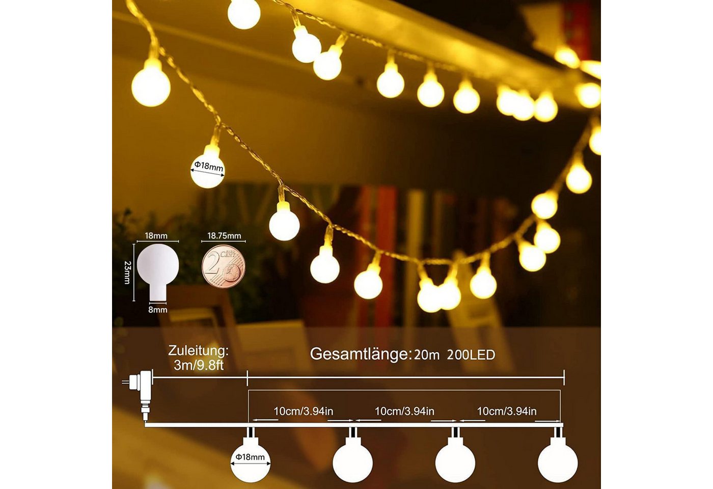 GarveeMore Lichterkette 200/300 LEDs Lichterkette 20m/30m dimmbar, 8 Modi, Party- & Weihnachtsdeko In/Outdoor, warmweiß