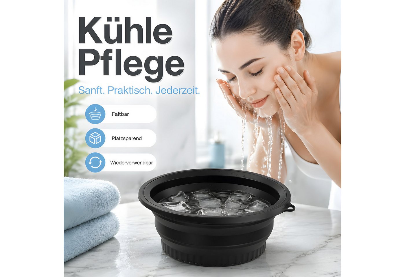 AIMAX Waschschüssel Silikon Waschschüssel Faltbar mit Eingebauter Eiswürfelschale, Rund (Eiseimer, Eiskübel, Eisbehälter für Eiswürfel Geschenke für Frauen, 1-St., Waschwanne Gesichtssauna, Ice Bath Falteimer zur Beruhigung der Haut), Platzsparend Tragbare Gesichts-Eisbadeschale für Küche, Camping Reisen