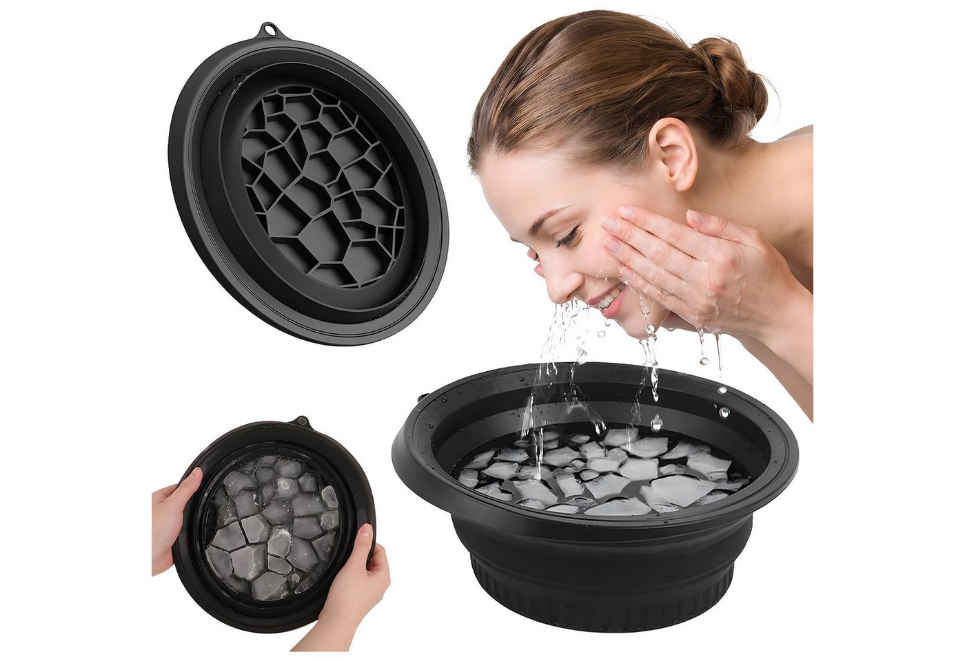 AIMAX Waschschüssel Silikon Waschschüssel Faltbar mit Eingebauter Eiswürfelschale, Rund (Eiseimer, Eiskübel, Eisbehälter für Eiswürfel Geschenke für Frauen, 1-St., Waschwanne Gesichtssauna, Ice Bath Falteimer zur Beruhigung der Haut), Platzsparend Tragbare Gesichts-Eisbadeschale für Küche, Camping Reisen Bild 2