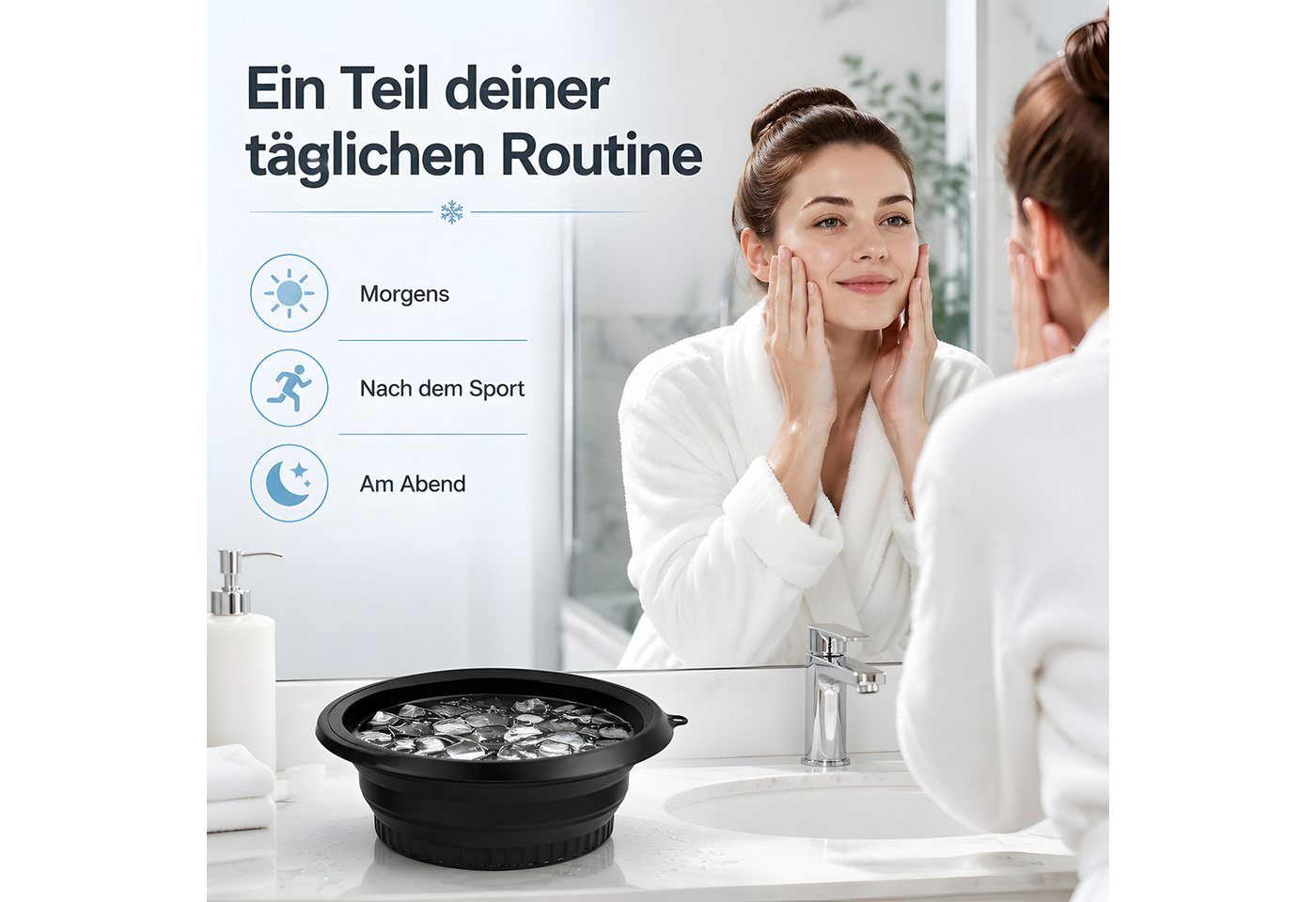 AIMAX Waschschüssel Silikon Waschschüssel Faltbar mit Eingebauter Eiswürfelschale, Rund (Eiseimer, Eiskübel, Eisbehälter für Eiswürfel Geschenke für Frauen, 1-St., Waschwanne Gesichtssauna, Ice Bath Falteimer zur Beruhigung der Haut), Platzsparend Tragbare Gesichts-Eisbadeschale für Küche, Camping Reisen Bild 4