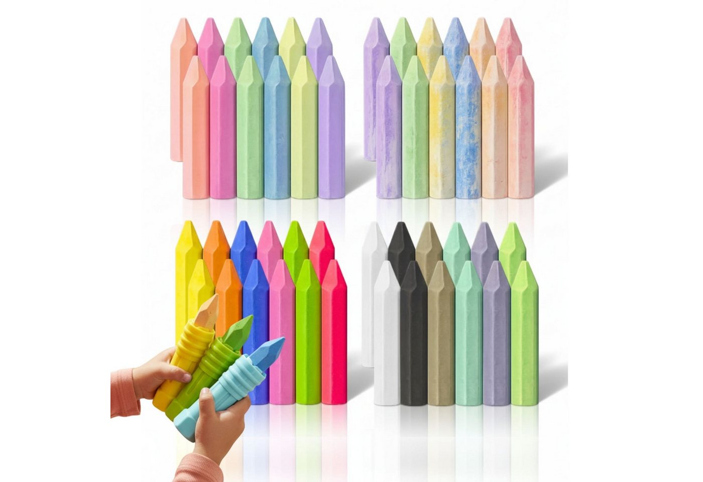 alldoro Malkreide Großes Straßenmalkreide-Set, 48 Kreiden in Neon, Batik & Vollfarben, Straßenkreide für Kinder ab 3 Jahren, inkl. 3 Kreidehalter