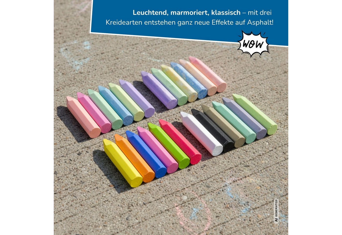 alldoro Malkreide Großes Straßenmalkreide-Set, 48 Kreiden in Neon, Batik & Vollfarben, Straßenkreide für Kinder ab 3 Jahren, inkl. 3 Kreidehalter Bild 2