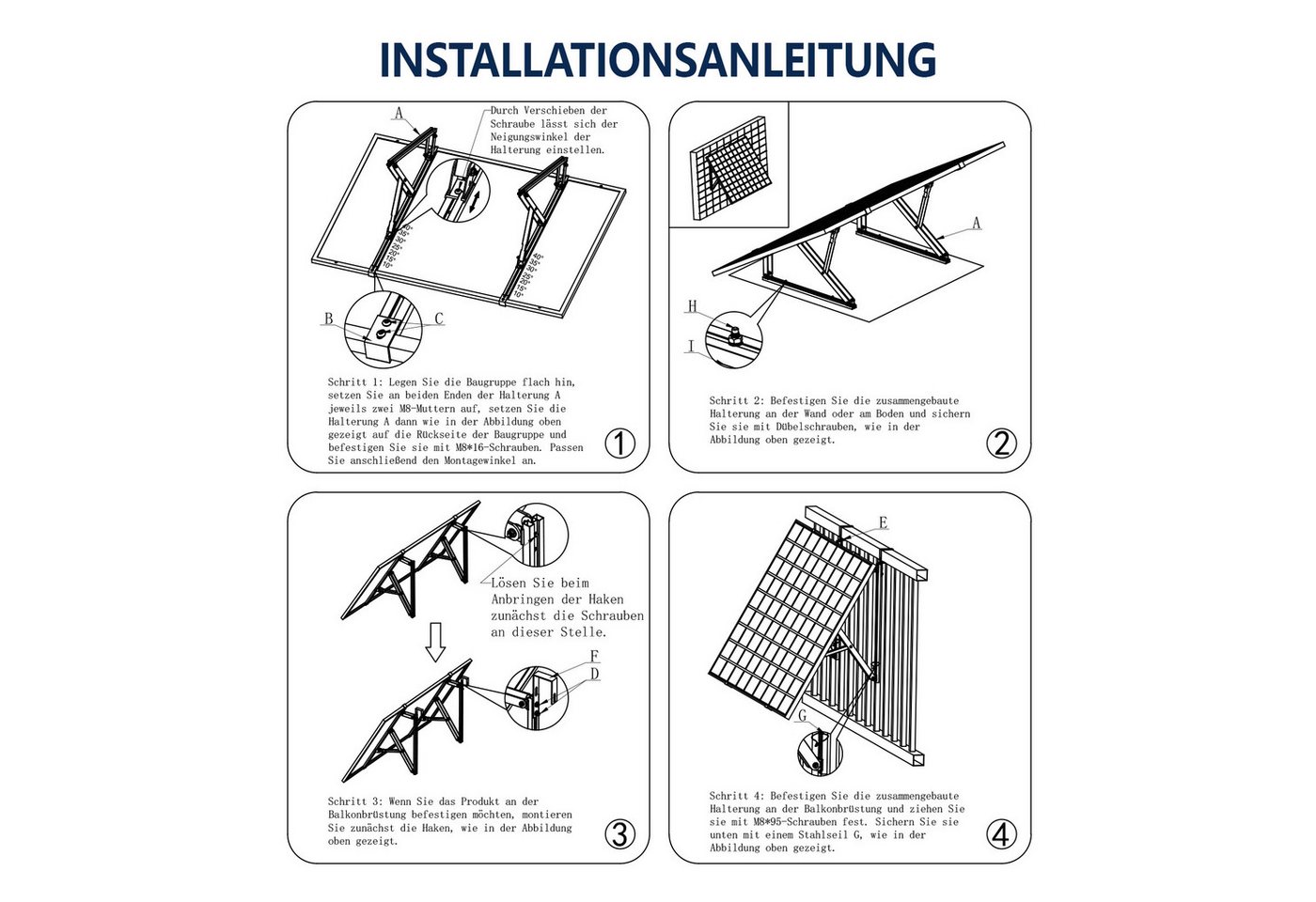 Rhein Beleuchtung Balkonkraftwerk Balkonkraftwerk Halterung, Solarmodul Halterung für Balkon, (Set, 2-St., PV Halterung Flachdach für 2×400–550 W, 30–35 mm), 10–40° verstellbar, Aluminium 6005-T5, Klemmen & Schienen