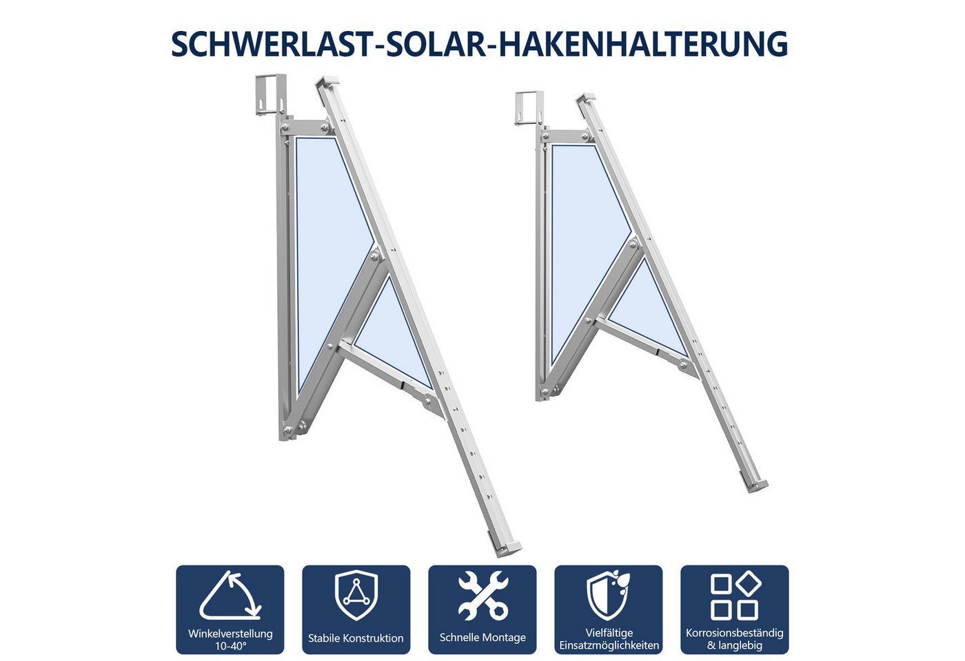 Rhein Beleuchtung Balkonkraftwerk Balkonkraftwerk Halterung, Solarmodul Halterung für Balkon, (Set, 2-St., PV Halterung Flachdach für 2×400–550 W, 30–35 mm), 10–40° verstellbar, Aluminium 6005-T5, Klemmen & Schienen Bild 2