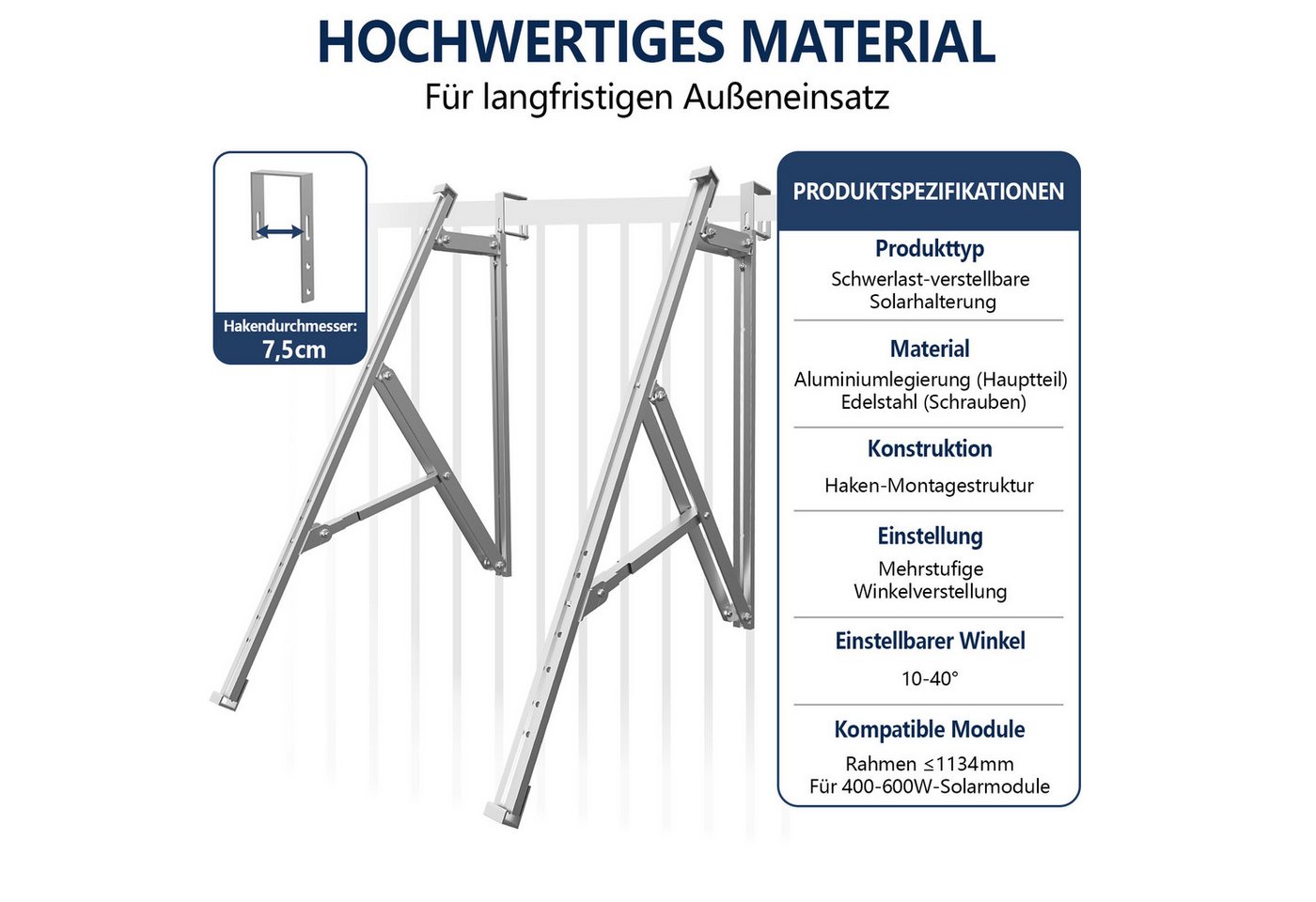 Rhein Beleuchtung Balkonkraftwerk Balkonkraftwerk Halterung, Solarmodul Halterung für Balkon, (Set, 2-St., PV Halterung Flachdach für 2×400–550 W, 30–35 mm), 10–40° verstellbar, Aluminium 6005-T5, Klemmen & Schienen Bild 3