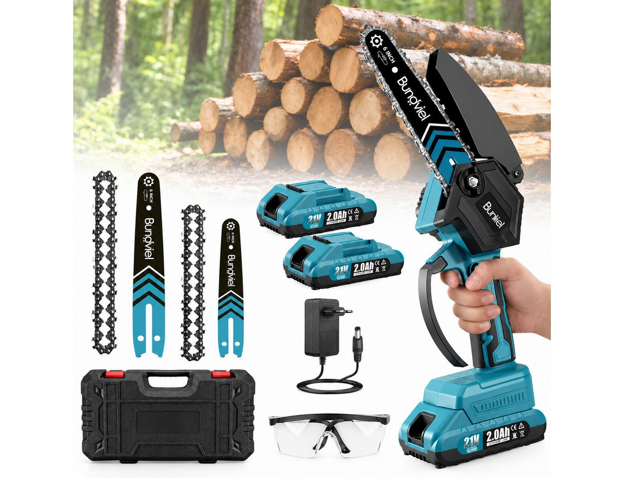 Bundviel Akku-Kettensäge 6+8 Zoll Mini Akku Kettensäge 880W Einhand Elektrische Kettensäge, mit 2 * 2.0Ah Akkus und Ladegerät, Bürstenloser Handkettensäge für Gartenbäumen Astschere