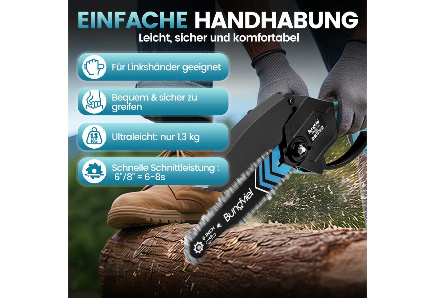 Bundviel Akku-Kettensäge 6+8 Zoll Mini Akku Kettensäge 880W Einhand Elektrische Kettensäge, mit 2 * 2.0Ah Akkus und Ladegerät, Bürstenloser Handkettensäge für Gartenbäumen Astschere Bild 2