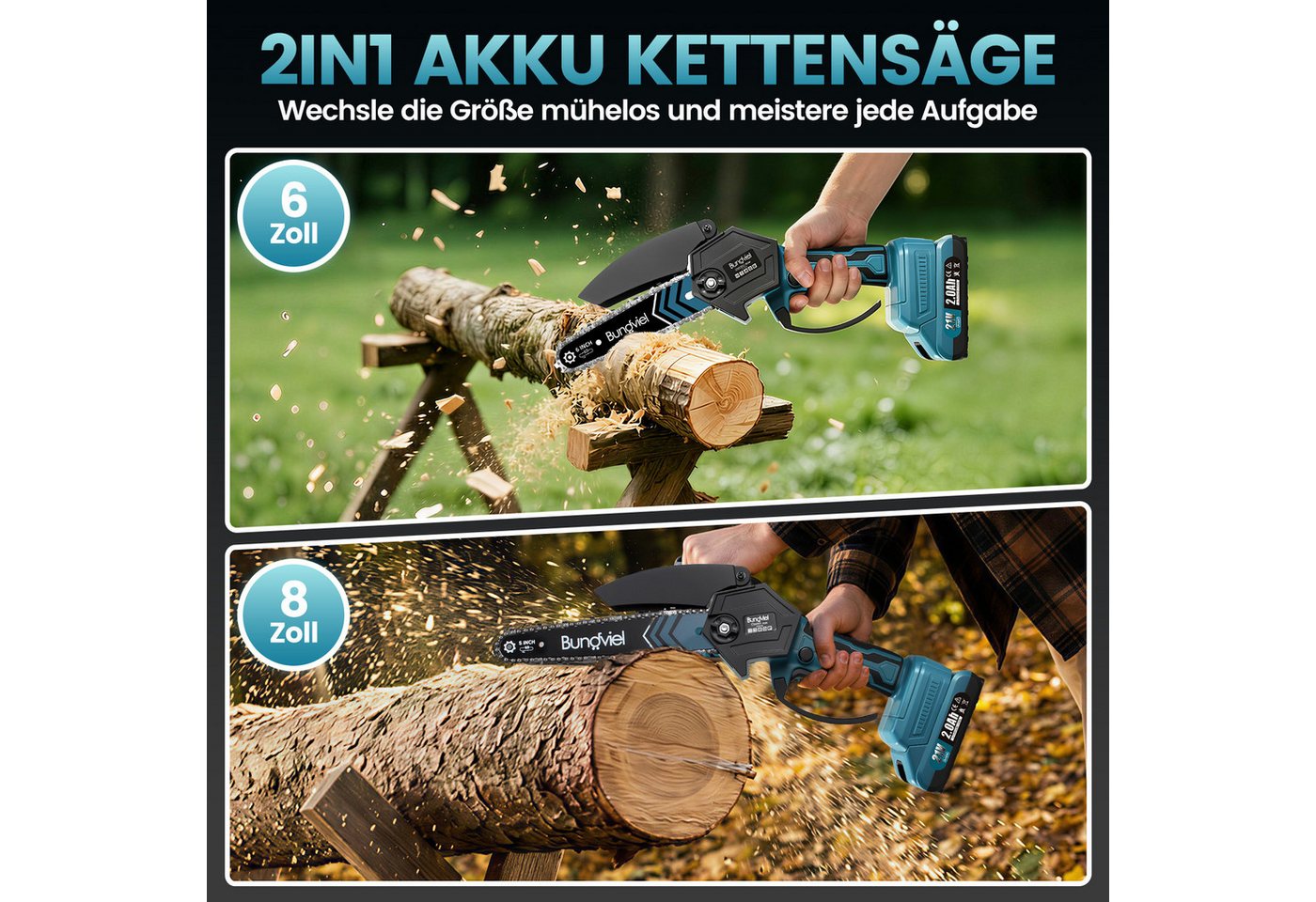 Bundviel Akku-Kettensäge 6+8 Zoll Mini Akku Kettensäge 880W Einhand Elektrische Kettensäge, mit 2 * 2.0Ah Akkus und Ladegerät, Bürstenloser Handkettensäge für Gartenbäumen Astschere Bild 5