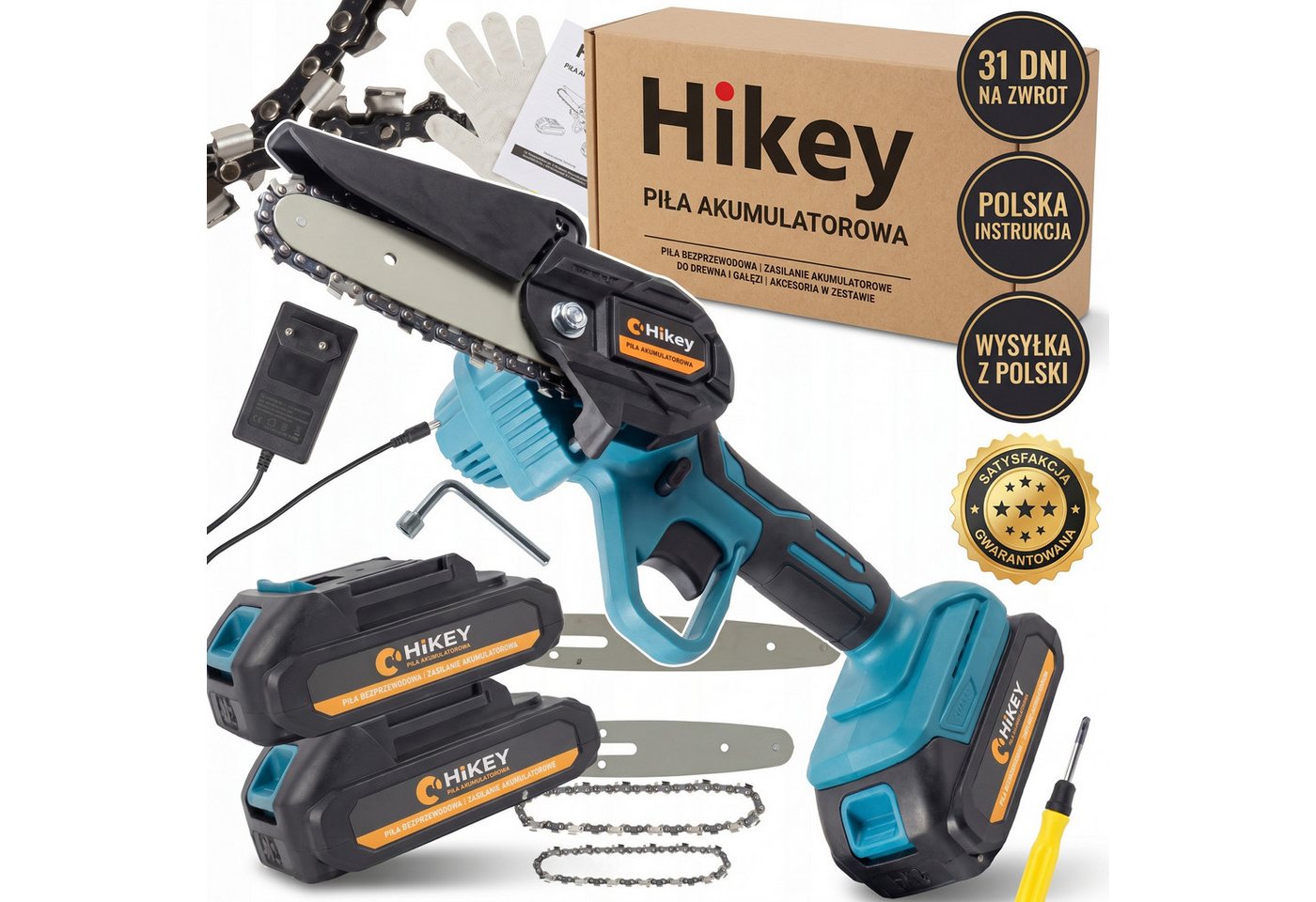 Hikey Akku-Kettensäge Mini-Kettensäge 21 V, 15 cm Schwertlänge, Set, 16-tlg., 2 Akkus 21 V, Ladegerät, Koffer, Ersatzschwert 6 Zoll + 2 Ketten, inkl. 2 Akkus 21 V und Ladegerät