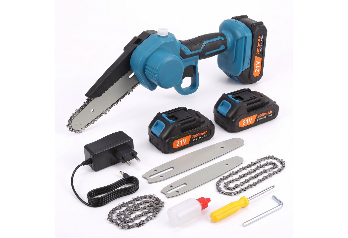Hikey Akku-Kettensäge Mini-Kettensäge 21 V, 15 cm Schwertlänge, Set, 16-tlg., 2 Akkus 21 V, Ladegerät, Koffer, Ersatzschwert 6 Zoll + 2 Ketten, inkl. 2 Akkus 21 V und Ladegerät Bild 2