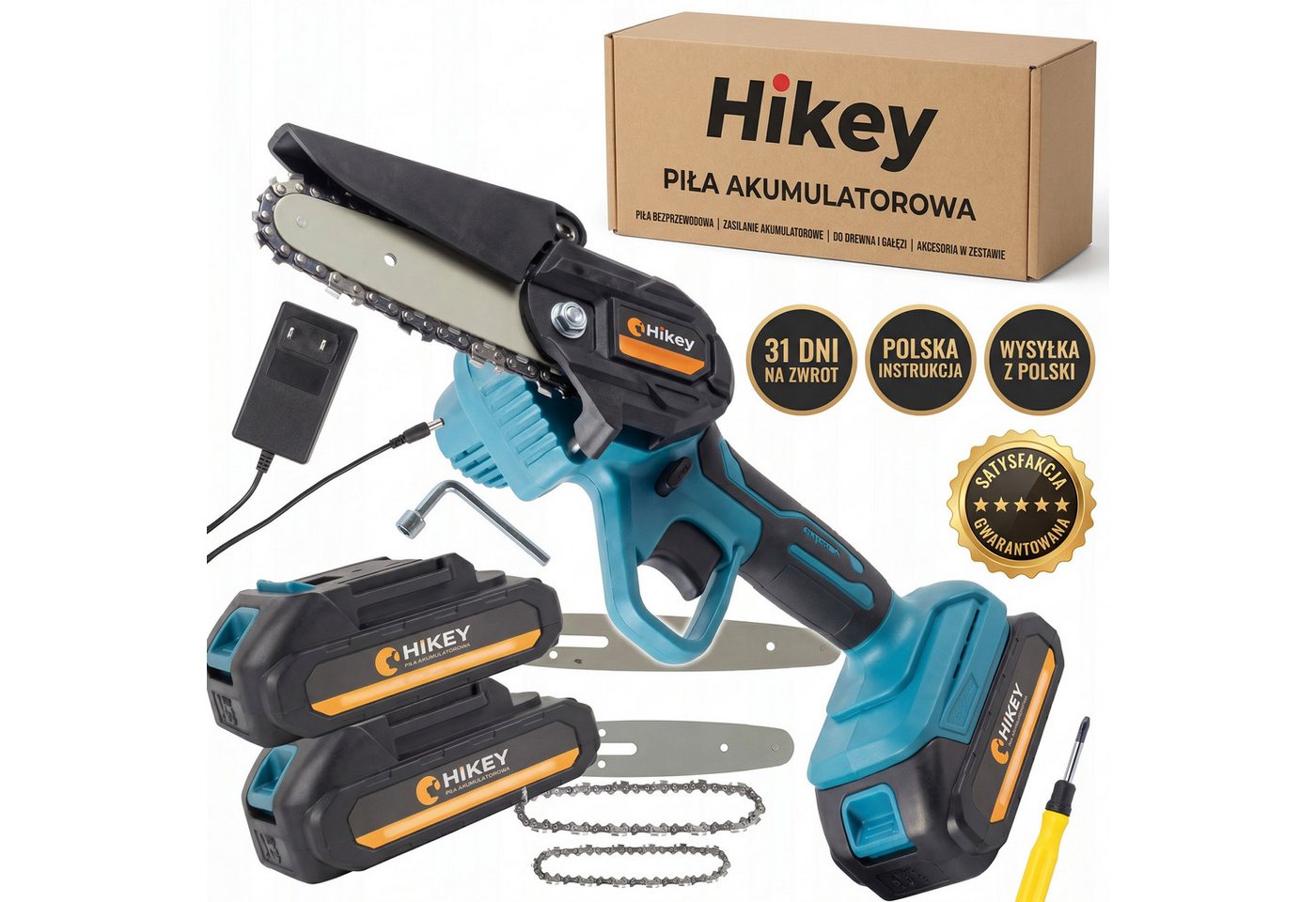 Hikey Akku-Kettensäge Mini-Kettensäge 21 V, 15 cm Schwertlänge, Set, 16-tlg., 2 Akkus 21 V, Ladegerät, Koffer, Ersatzschwert 6 Zoll + 2 Ketten, inkl. 2 Akkus 21 V und Ladegerät Bild 3