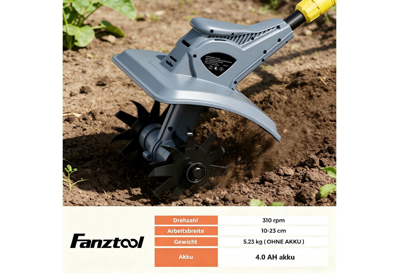 Fanztool Akku-Motorhacke 20V/4.0Ah Akku,23cm Arbeitsbreite,16 cm Arbeitstiefe, Akku Gartenfräs Bild 3
