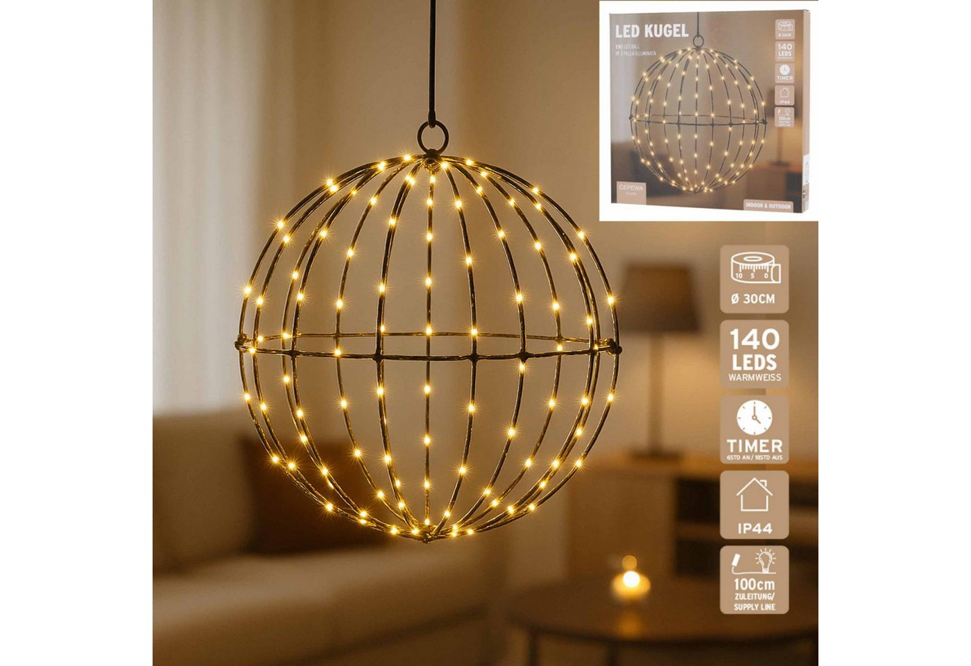 CEPEWA LED Kugelleuchte, Ein-/Ausschalter, LED, warmweiß, LED Kugel außen schwarz 140 LEDs 30cm warmweiß Timer Batterie