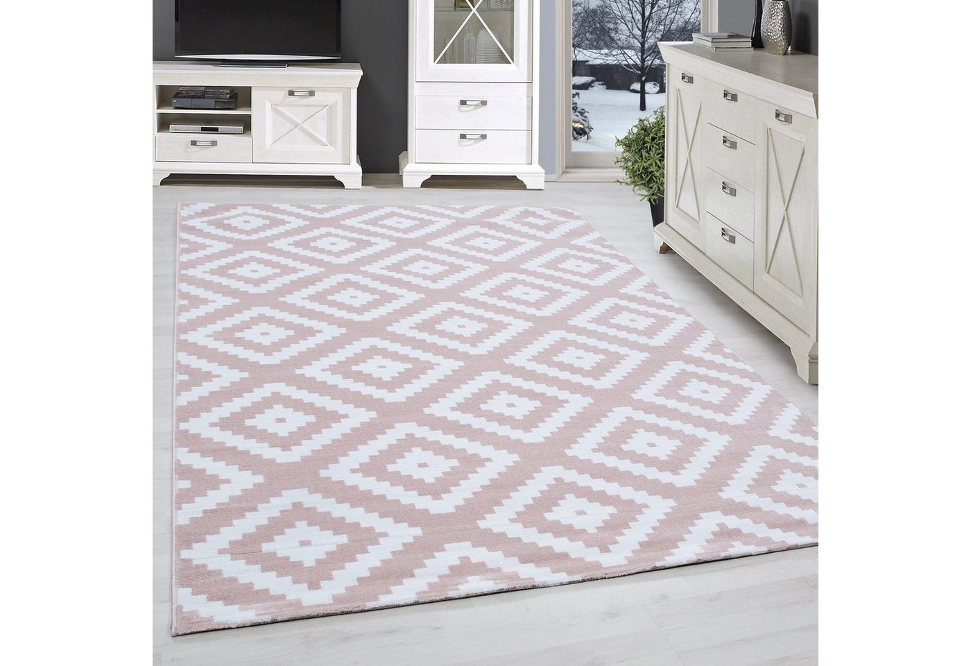 SIMPEX24 Designteppich Geometrisch Design, Läufer, Höhe: 6 mm, Modern Kurzflor Teppich Wohnzimmer Rauten Design Weiß Pflegeleicht