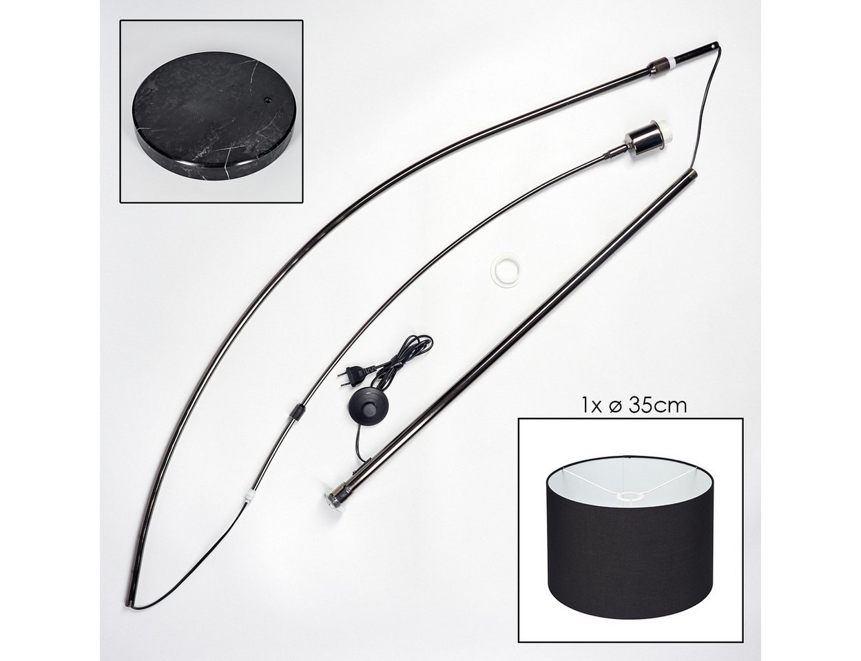 hofstein Bogenlampe Stehlampe mit Marmorfuß aus Metall/Stoff in Schwarz/Chrom/Weiß, Stehleuchte im modernen Design, Ø 35 cm, Fußschalter, E27