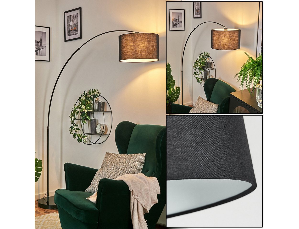 hofstein Bogenlampe Stehlampe mit Marmorfuß aus Metall/Stoff in Schwarz/Chrom/Weiß, Stehleuchte im modernen Design, Ø 35 cm, Fußschalter, E27 Bild 3