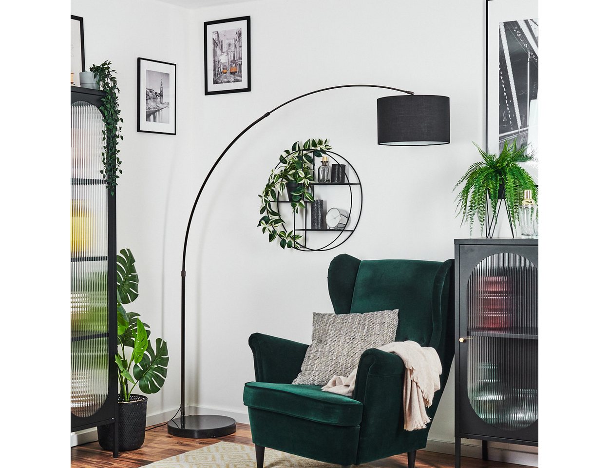 hofstein Bogenlampe Stehlampe mit Marmorfuß aus Metall/Stoff in Schwarz/Chrom/Weiß, Stehleuchte im modernen Design, Ø 35 cm, Fußschalter, E27 Bild 4