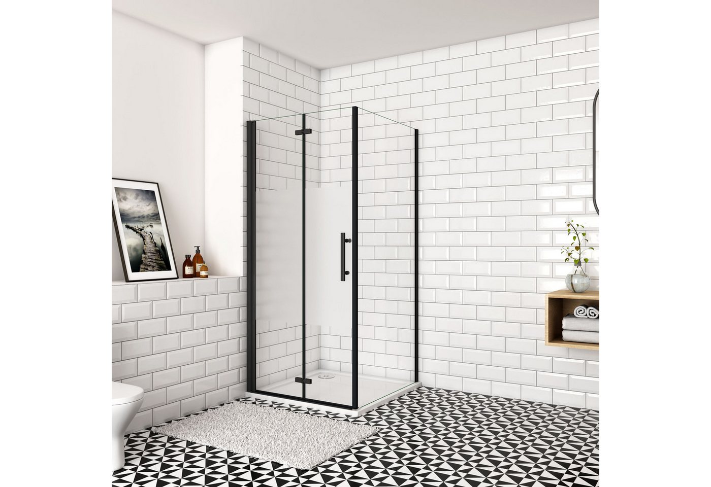 duschspa Eckdusche Duschkabine Seitenwand Tür, 6mm Nano-Glas schwarz, inkl. Stützstange, BxT: 70x80 cm, klare Optik Bild 2