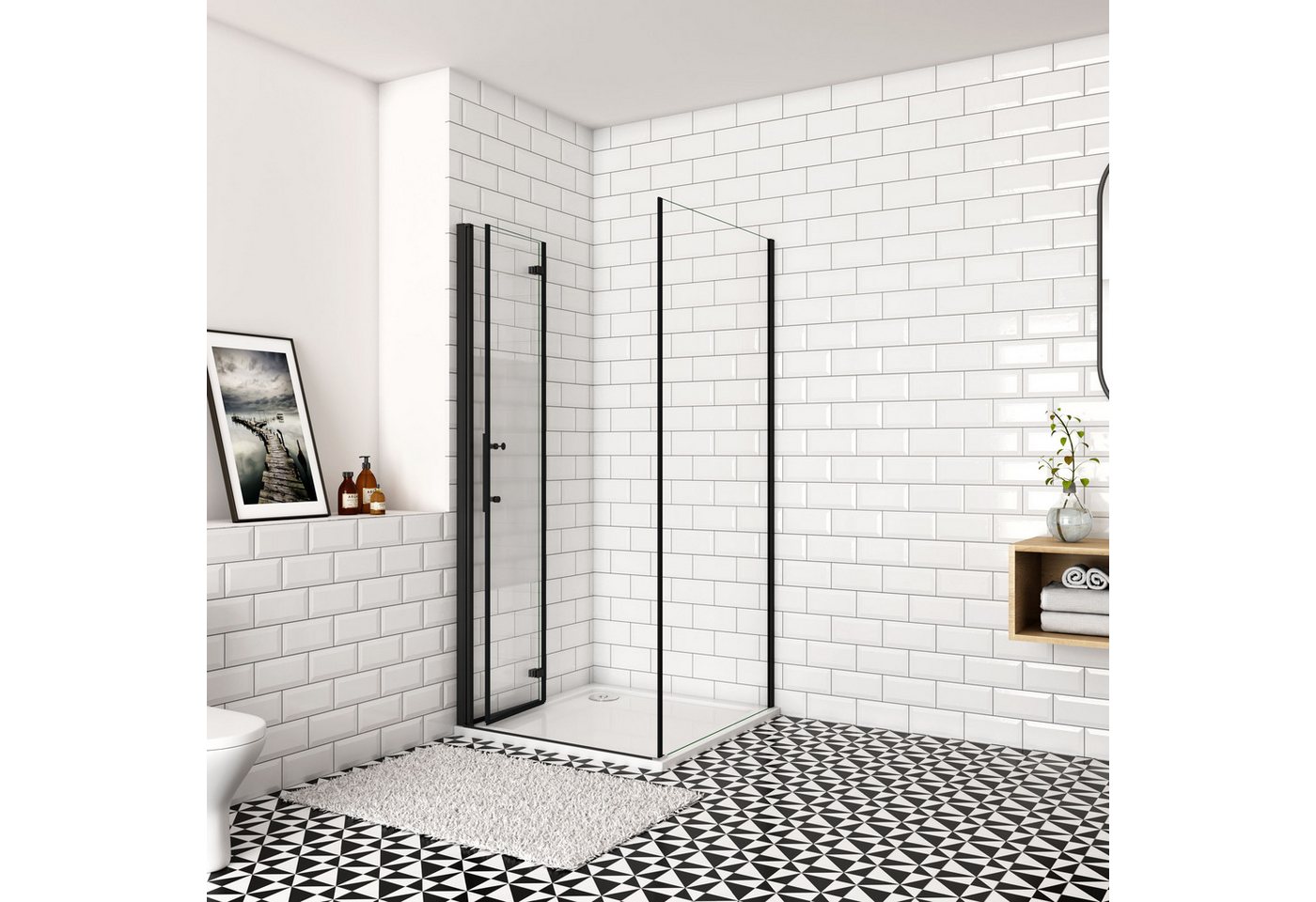 duschspa Eckdusche Duschkabine Seitenwand Tür, 6mm Nano-Glas schwarz, inkl. Stützstange, BxT: 70x80 cm, klare Optik Bild 3