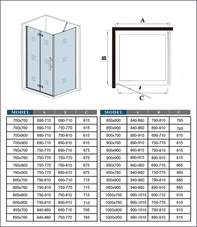 duschspa Eckdusche Duschkabine Seitenwand Tür, 6mm Nano-Glas schwarz, inkl. Stützstange, BxT: 70x80 cm, klare Optik Bild 5