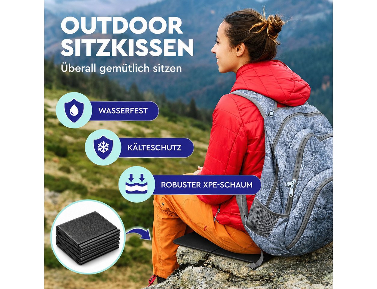 Forrlite Sitzkissen Stuhlkissen Outdoor faltbar 1er Set,Thermo, wasserdicht Sitzunterlage, ultraleicht & kompakt, für Camping, Wandern & Stadion Bild 2