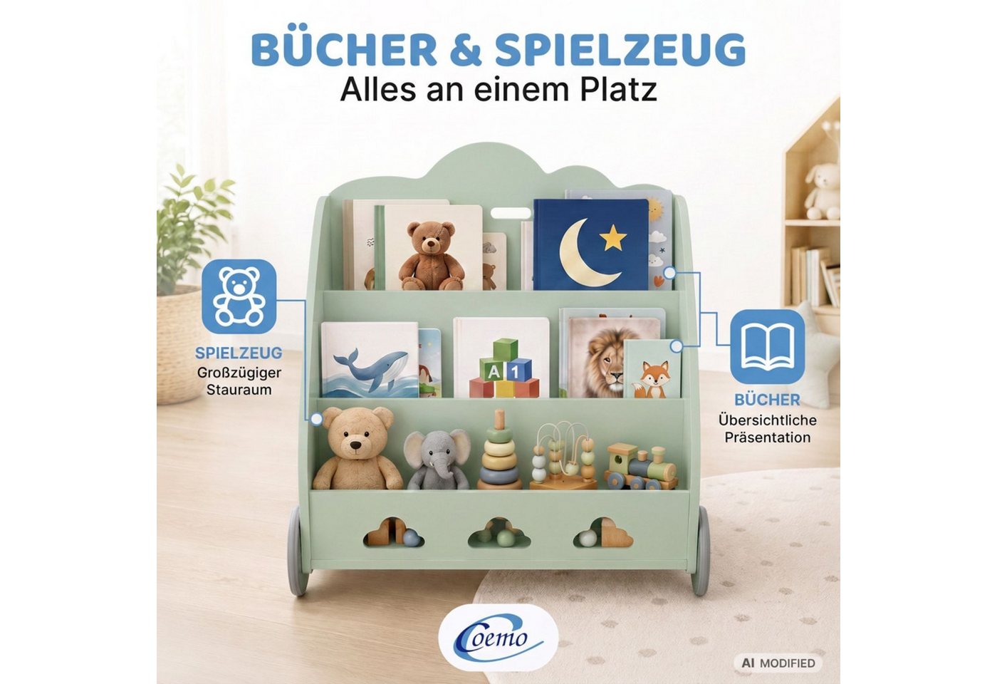 Coemo Standregal BOOKIE, Aufbewahrungsrollwagen Holz, Bücherregal & Spielzeugkiste in Mintgrün