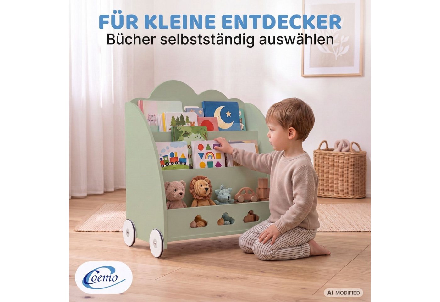 Coemo Standregal BOOKIE, Aufbewahrungsrollwagen Holz, Bücherregal & Spielzeugkiste in Mintgrün Bild 2