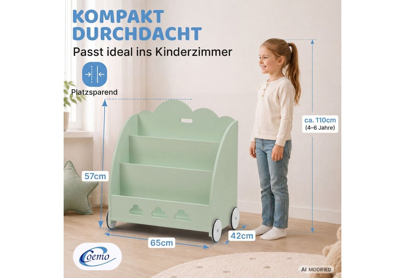 Coemo Standregal BOOKIE, Aufbewahrungsrollwagen Holz, Bücherregal & Spielzeugkiste in Mintgrün Bild 3